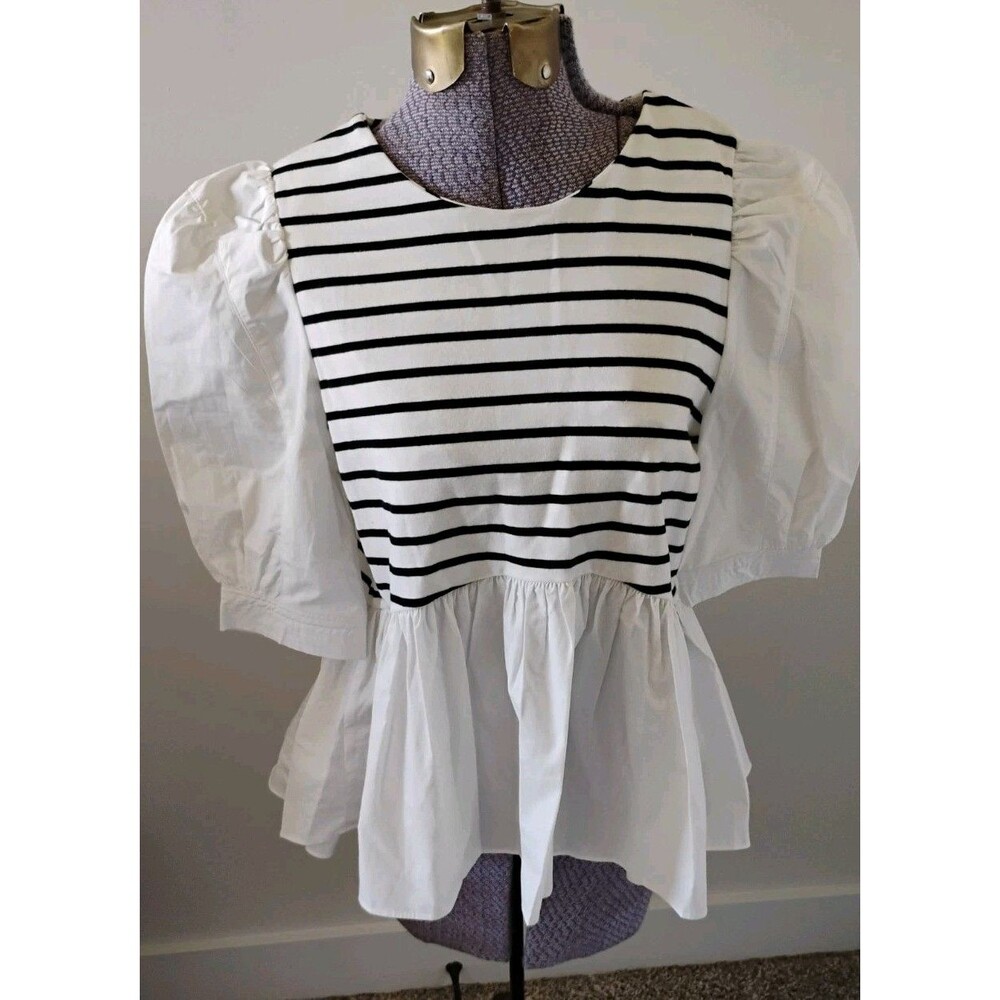 Anthropologie English Factory Peplum Top Blouse Womens Stripe Knit Puff Sleeve S